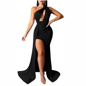 Black Women Sexy Elegant One Shoulder High Split Dress